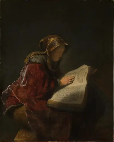 An Old Woman Reading, Probably the Prophetess Hannah — Rembrandt van Rijn