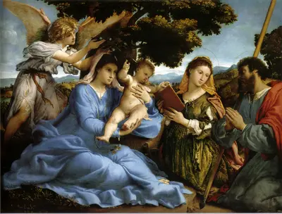 Madonna and child with Saint Catherine, Saint James the Greater, and an angel — Lorenzo Lotto