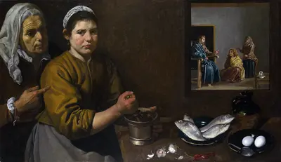 Kitchen Scene with Christ in the House of Martha and Mary — Diego Velázquez